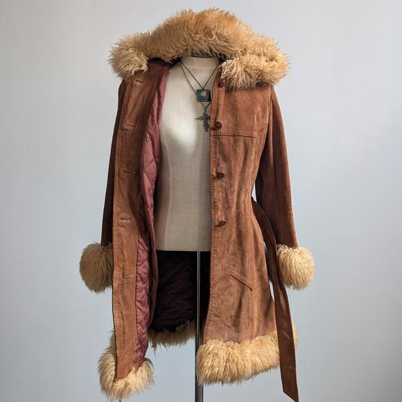 Vintage Brown Suede Coat Penny Lane Jacket Leather Trench Fur Coat Afghan Small - Picture 4 of 15